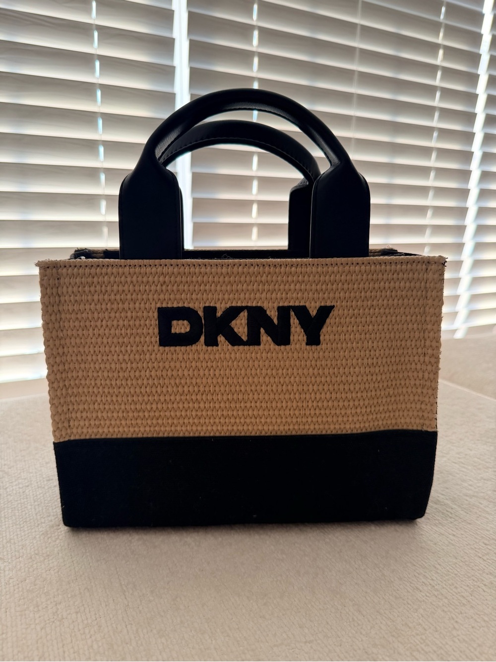 DKNY Black and Natural Straw Mini Tote